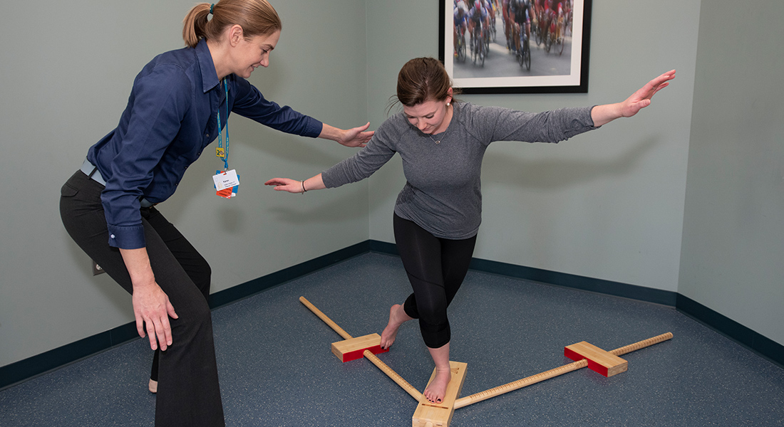 Patient doing balance therapy at Spaulding Outpatient Center South Shore YMCA Quincy