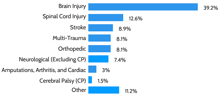 Bar chart showing patients served by diagnosis. Brain injury 39.2%, spinal cord injury 12.6%, stroke 8.9%, multi-trauma 8.1%, orthopedic 8.1%, neurological (excluding cerebral palsy) 7.4%, amputations, arthritis, and cardiac 3%, cerebral palsy 1.5%, other 11.2%.