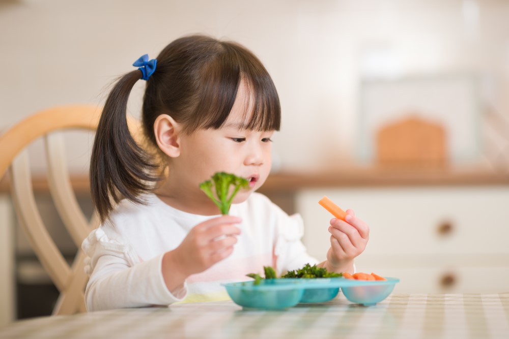 A toddler girl with a plate of broccoli and carrots.
