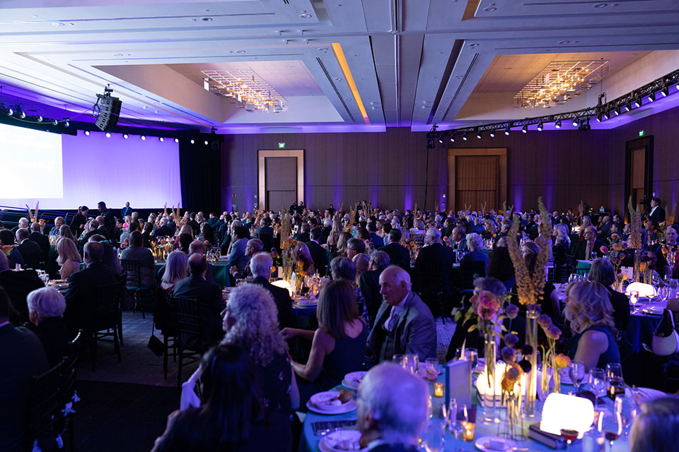 A wide shot of the full gala room.